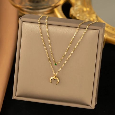 Gelaagde Ketting Titanium Staal 18K Verguld Groene Zirkoon Halve Maan Hoorn Hanger O-Ketting Sieraden Voor Dames