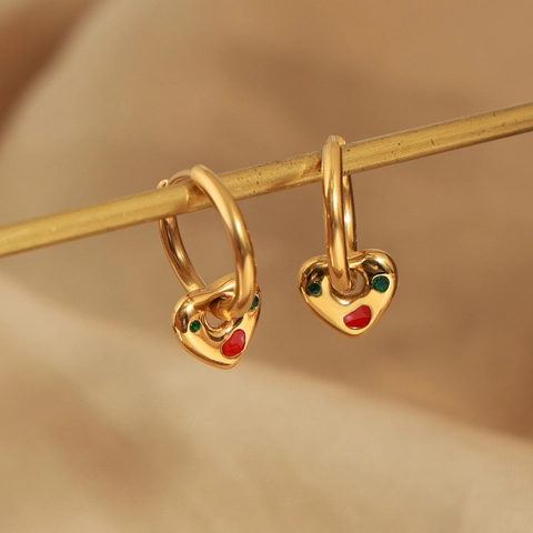 Orecchini A Cerchio Con Cuore Acciaio Inossidabile Con Zircone Verde E Smalto Rosso Gioielli Oro Per Donna