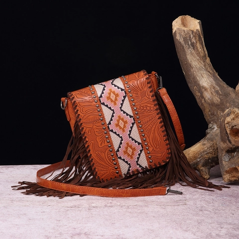 Damen Umhängetasche Böhmisch Retro Geprägtes Leder Lange Fransen Quasten Ethnisch Gewebt Western Schultertasche
