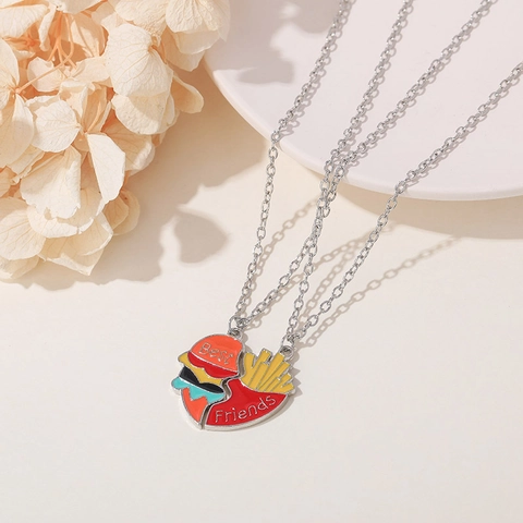 Best Friends Halsketten Set Süße Burger Pommes Herz Geteilter Emaille Anhänger Silberfarbene Legierungskette BFF Schmuck Geschenk