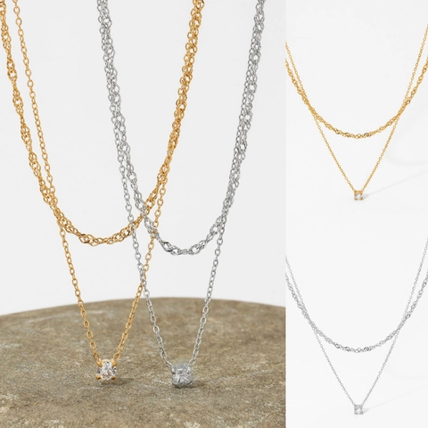 Double Layer Pendant Necklace Women Stainless Steel Round Cubic Zirconia Clavicle Chain Twisted Rope Link Fashion Jewelry