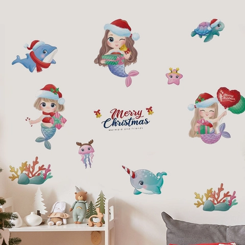 Weihnachts Meerjungfrau Ozean Tier Wandaufkleber Abnehmbare PVC Selbstklebende Dekore Für Wohnzimmer Kinderzimmer Dekor