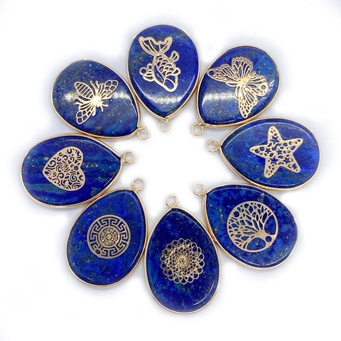 Natural Lapis Lazuli Stone Teardrop Pendants Gold Plated Filigree Butterfly Heart Charms For DIY Jewelry Making