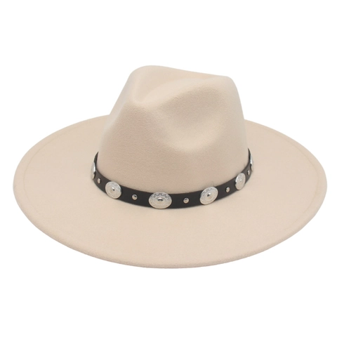 Wide Brim Fedora Hat Wool Felt Retro Western Style With Metal Concho Decorative Band Unisex Jazz Winter Warm Headwear
