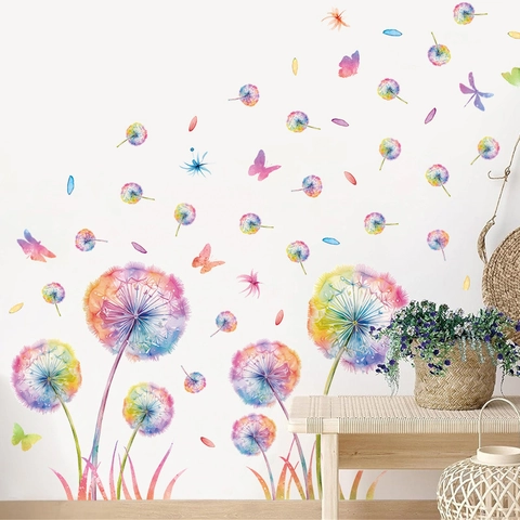 Frühling Aquarell Löwenzahn Schmetterling Wandtattoo PVC Abnehmbare Blumen Wandaufkleber Für Wohnzimmer Schlafzimmer Deko