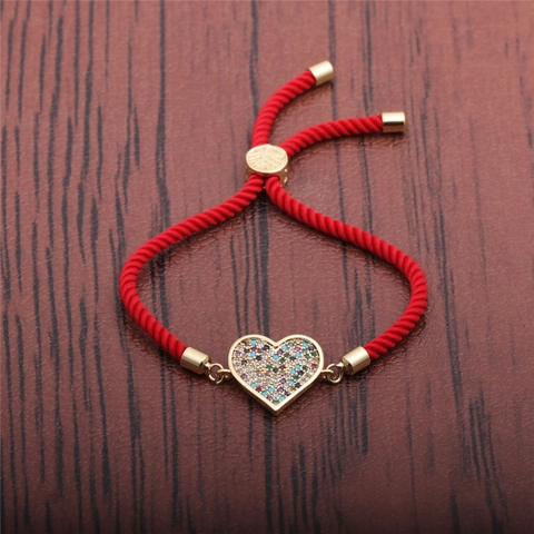 Bracciale In Corda Intrecciata Rossa Con Ciondolo A Cuore Rame Micro Intarsiato Zircone Colorato Gioielli Regolabili Donna