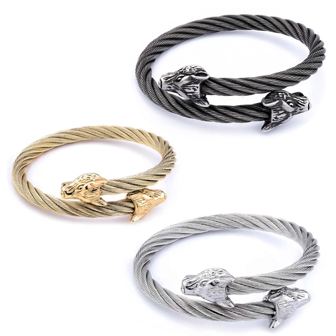 Stainless Steel Wolf Head Open Cuff Bracelet Twisted Cable Wire Viking Nordic Retro Style Biker Jewelry