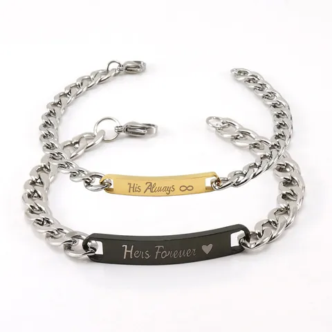 Stainless Steel Couple Bracelets Engraved ID Plate Curved Curb Link Chain Romantic Jewelry Lover
