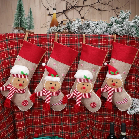Calza Di Natale Omino Di Pan Di Zenzero Iuta Peluche Decorazione Da Appendere Ornamento Per Camino Borsa Regalo