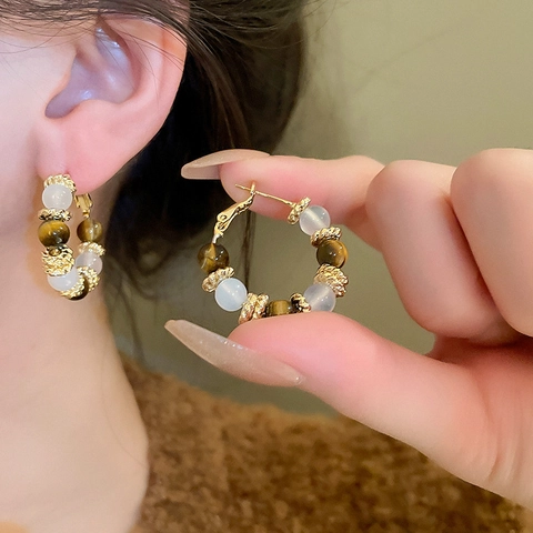 Retro Beaded Hoop Earrings With Tiger Eye And Cat Eye Stones Gold Plated Brass Jewelry With Silver Earring Post For Women