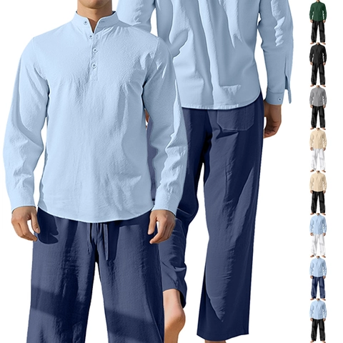Homme Chemise Et Pantalon Décontractés Mélange De Lin Manches Longues Col Officier Boutonné Tenues De Vacances À La Plage