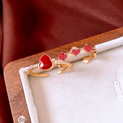 Anillo Ajustable De Cobre Chapado En Oro Esmalte Rojo Calabaza Forma De Corazón Circón Estilo Chino Vintage Joyas Mujer