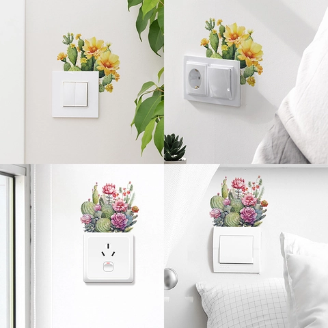 Flor Tropical Cactus Suculenta Pegatinas de Pared de Interruptor PVC Removibles Decorativas Para Habitación Infantil Dormitorio Hogar
