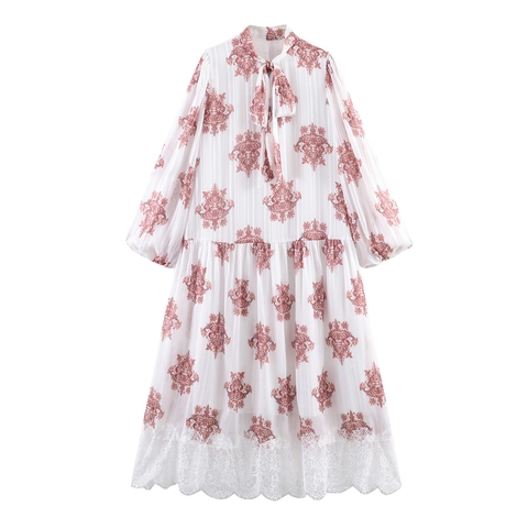 Vestito Lungo Stampa Paisley Collo Con Fiocco Maniche A Lanterna Orlo In Pizzo Bohemien Chiffon Pieghettato Per Donna