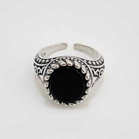 Retro Black Agate Adjustable Open Ring 925 Sterling Silver Vintage Engraved Oval Gemstone Antique Korean Style Jewelry