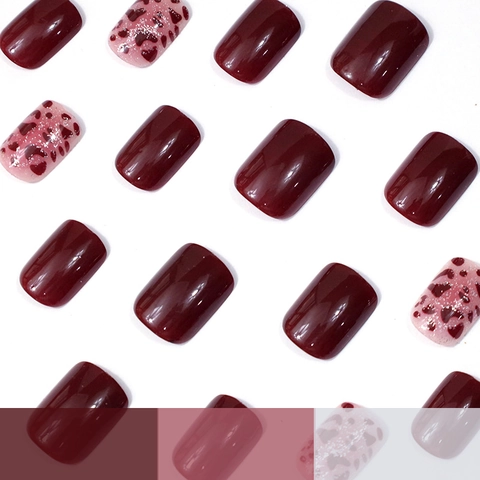 ABS Kurze Quadratische Aufklebbare Nägel Weinrot Glänzend Leopardendruck Glitzer Künstliche Fingernägel