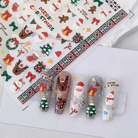 Autocollants À Ongles De Noël En Relief 3D Décalcomanies Auto Adhésives Pour Manucure De Fêtes Père Noël Renne Motifs