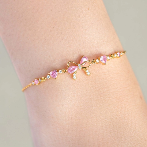Bow Heart Charm Armband Kupfer Mit Rosa Zirkon 14K Vergoldet Süßer Schmuck Für Frauen Valentinstag Geschenk
