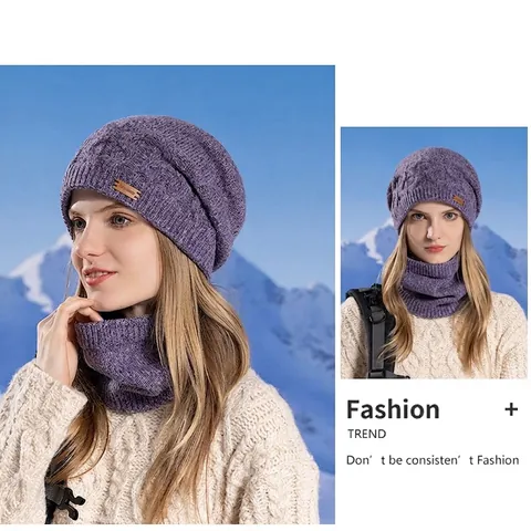 Gorro De Punto Y Calentador De Cuello Mujer Forro Polar Térmico Trenzado Cortavientos Esquí