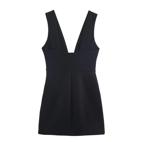 Damen Eleganz Schwarz Tiefem V-Ausschnitt Mini-Kleid Ärmellos Schleifendekoration Mit Strass Für Sommerparty Urlaub