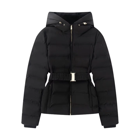 Women's Hooded Polyester Puffer Jacket Short Quilted Padded Coat With Waist Belt Fleece Lined Winter Fashion Slim Outerwear