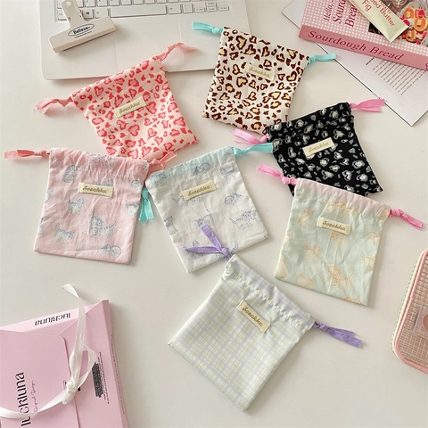 Drawstring Storage Bag Cute Cat Leopard Heart Print Pouch Portable Travel Makeup Organizer For Lipstick Small Items