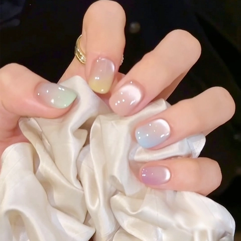 Handgefertigte Katzenaugen-Verlauf Macaron Nägel Zum Aufdrücken Glänzende Minimalistisch Süß DIY Maniküre Falsche Nägel Für Damen