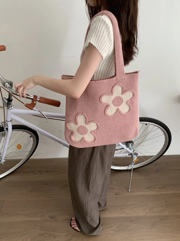 Flower Pattern Knitted Tote Bag For Women Crochet Yarn Shoulder Bag Casual Hollow Out Handbag Shopping Bag Daily Versatile