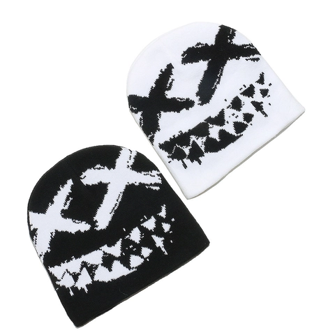 Hip Hop Beanie Mütze Acryl Strickmütze Graffiti Smile Face X Augen Streetwear Winter Warm Outdoor Unisex Rippbündchen