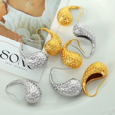 Stainless Steel Hammered Teardrop Earrings Retro Light Luxury Water Drop Hook Earrings For Women Fashion Jewelry Accessories