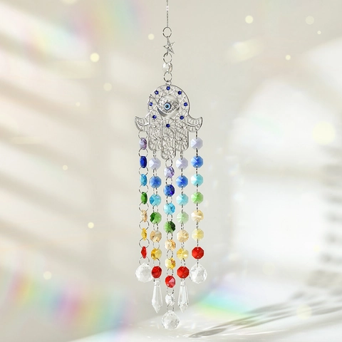 Crystal Suncatcher Hanging Ornament Tree Of Life Hamsa Hand Evil Eye Rainbow Prism Garden Decor Window Suncatcher