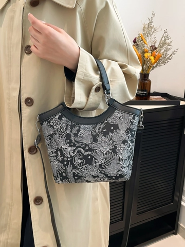 Damen Jacquard Blumen Bucket Bag PU Lederbesatz Schulter Umhängetasche Mit Verstellbarem Riemen Vintage Eleganter Stil