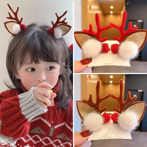 Christmas Antler Hair Clips Deer Horn Hairpins With Plush Ears Pom Poms Pinecones Kids Girls Holiday Party Hair Accessories
