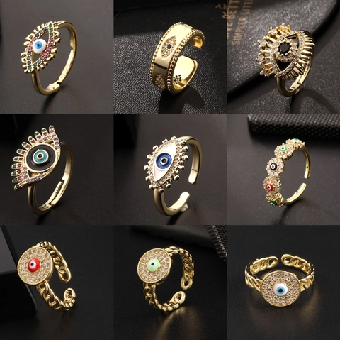 Bohemian Copper Colorful Enamel Evil Eye Open Rings For Women Zirconia Inlaid Adjustable Gold Plated Minimalist Fashion Finger Rings Jewelry
