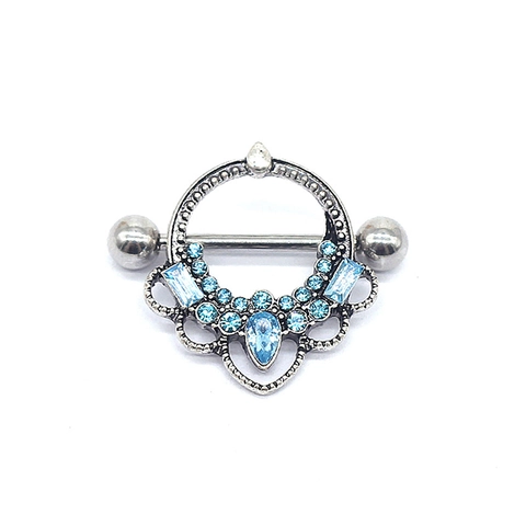 Nipple Ring Shield 316L Stainless Steel Barbell Light Blue Glass Rhinestone Teardrop Vintage Body Piercing Jewelry For Women