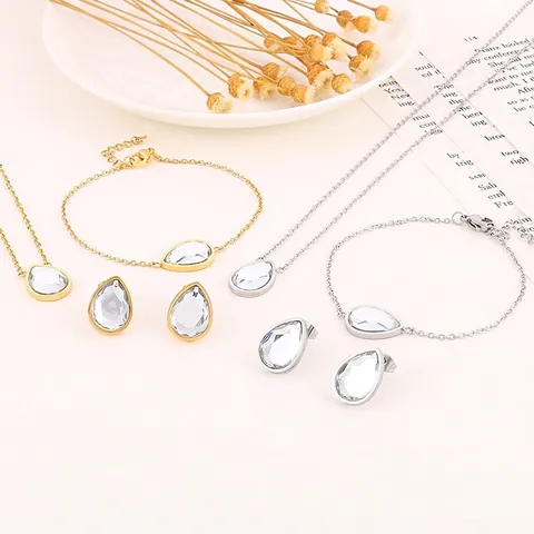 Elegant Teardrop Zircon Stainless Steel Necklace Bracelet And Earrings Jewelry For Women Geometric Minimalist