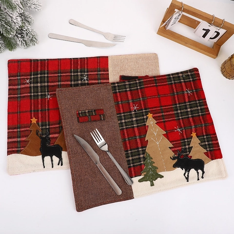 Christmas Placemat Plaid Faux Linen Table Mat With Cutlery Pocket Reindeer Embroidery Holiday Dining Decor