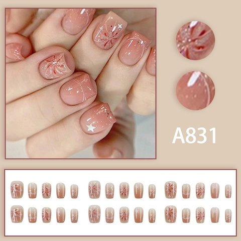 Short Square Round Press On Nails ABS Resin Nude Pink Gradient Star Fireworks Glitter Sweet Style For Women