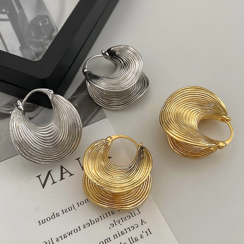 Halve Maan Ring Oorbellen Koper Metaal Onregelmatige Strepen Gerimpelde Textuur Retro High-End Geometrische Sieraden Dames
