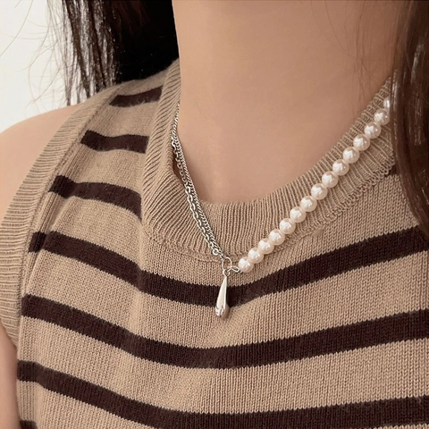 925 Sterling Silver Necklace White Artificial Pearl Asymmetric Chain Teardrop Waterdrop Pendant Minimalist Elegant Jewelry For Women