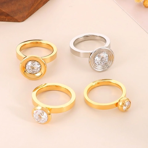 Round Zircon Inlaid Stainless Steel Geometric Ring Minimalist Fashion Finger Jewelry For Women Elegant Commuter Style