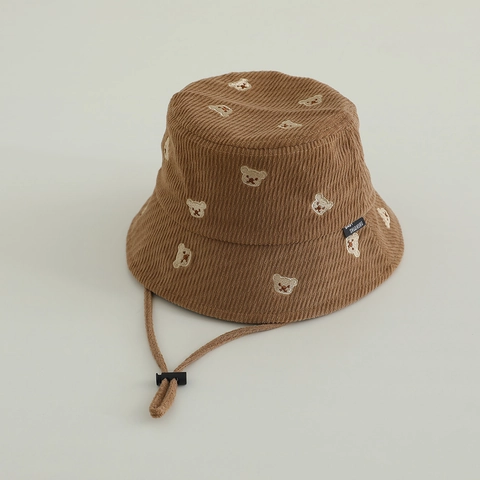 Cappello da Pescatore in Velluto a Coste per Bambini Con Ricamo Orsetto e Cordino Antivento Regolabile per Ragazzi e Ragazze