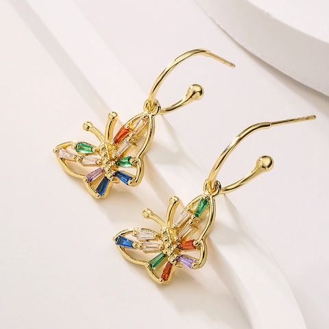 Vlinder Hanger Oorbellen Koper 18K Verguld Zirkoon Elegante Franse Stijl Mode Sieraden Voor Dames