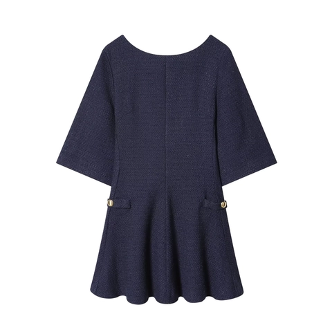 Women Tweed Mini Dress Round Neck Short Sleeve A-Line Elegant French Style Fashion With Decorative Gold Buttons