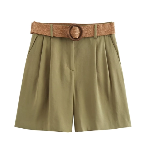 Dames Shorts Met Hoge Taille En Wijde Pijpen Met Geweven Riem Casual Zomer Effen Geplooide A-Lijn Shorts