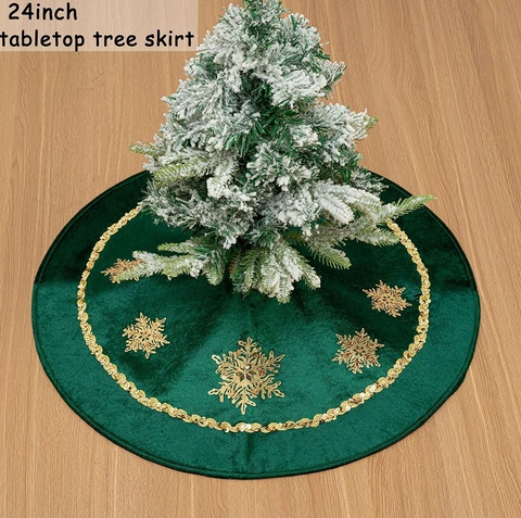 Jupe De Sapin De Noël Velours Vert Avec Paillette Dorée Flocon De Neige Ronde Décoration De Fête De Tapis De Sol