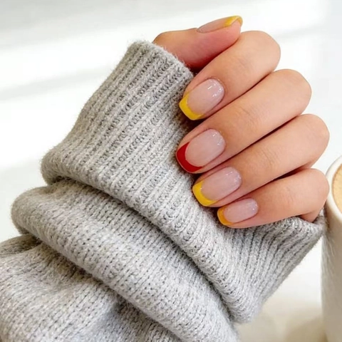 Unghie Finte Press On Stile Francese Quadrate Arrotondate Punte Colorate Strumento Manicure Artificiale Elegante Donna