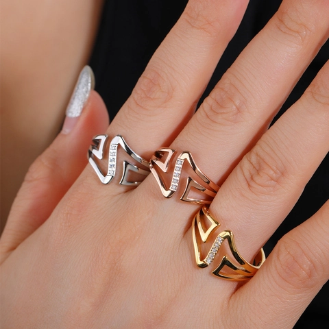Geometrische Open Ring Van Titaniumstaal Met V-Letter Voor Dames Roségoud Goud Zilver Verguld Strass Verstelbare Vingerring Mode Sieraden