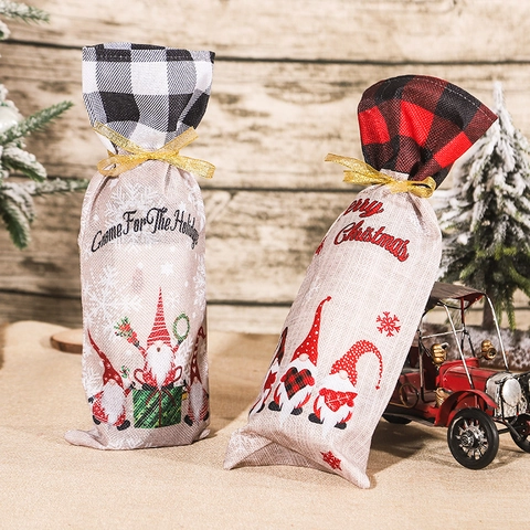 Christmas Wine Bottle Cover Gift Bags Burlap Linen Drawstring Gnome Print Buffalo Plaid Dinner Table Party Decor