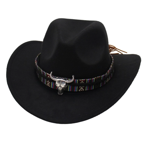 Kids Western Cowboy Hat Ethnic Braided Band Bull Head Metal Decor Felt Wide Brim Vintage Outdoor Sunshade